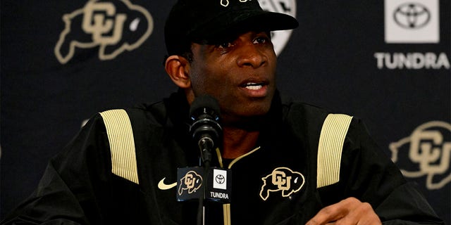 Colorado Buffaloes head football coach Deion Sanders speaks to members of the media at the Dal Ward Athletic Center in Boulder on Feb. 1, 2023.