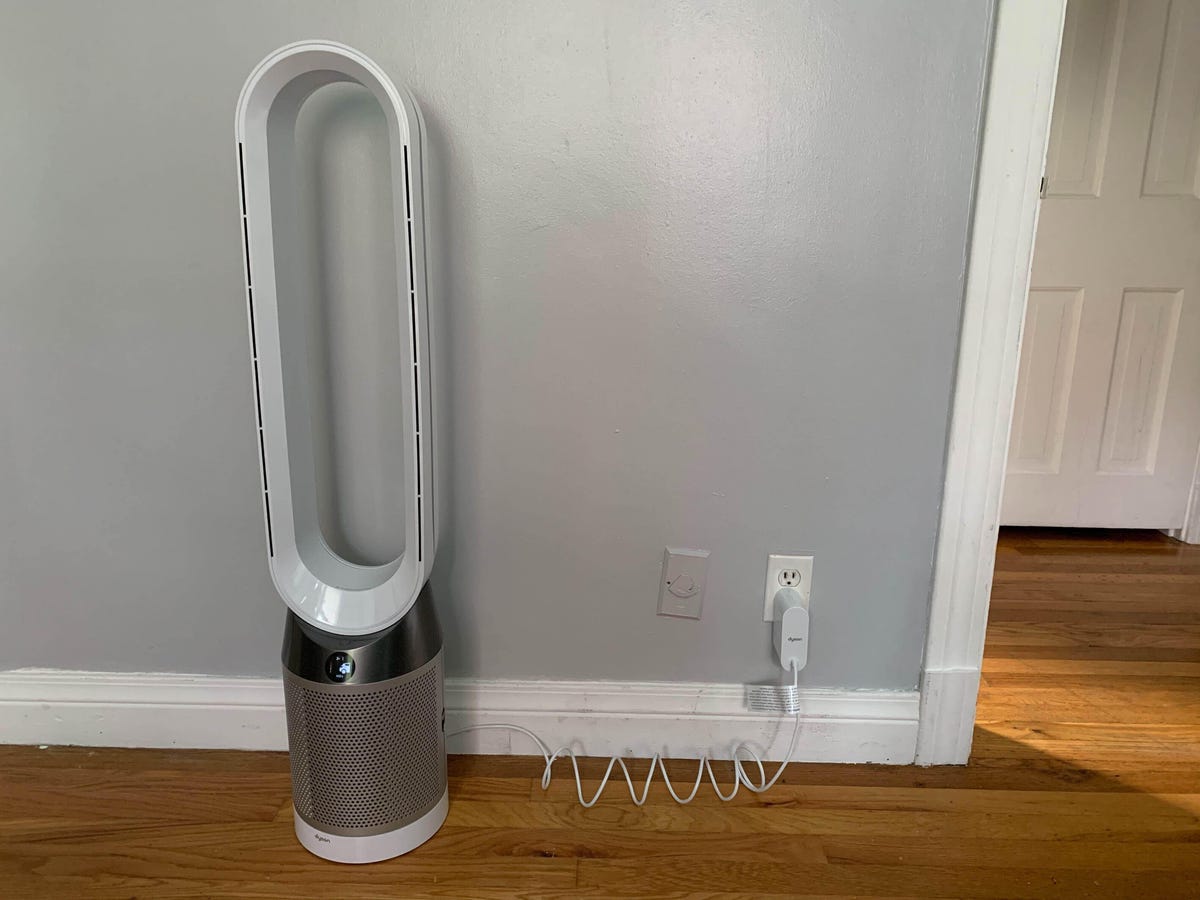 Dyson's unique PureCool purifier on a hardwood floor.