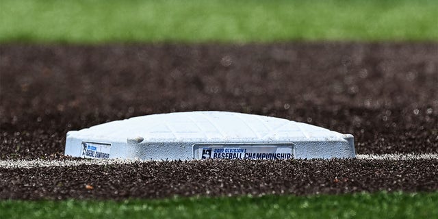 Third base at Lindsey Nelson Stadium displaying the 2022 Division I Baseball Championship logo before Game 3 of the NCAA Super Regionals between the Tennessee Volunteers and Notre Dame Fighting Irish June 12, 2022, at Lindsey Nelson Stadium in Knoxville, Tenn. 