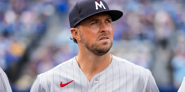 Kyle Farmer of the Minnesota Twins against the Kansas City Royals March 30, 2023, at Kauffman Stadium in Kansas City, Mo.