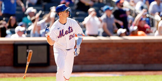 Pete Alonso of the New York Mets reacts after hitting a solo home run during the fifth inning against the San Diego Padres at Citi Field April 12, 2023, in the Flushing neighborhood of the Queens borough of New York City. 