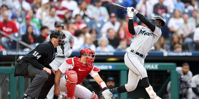 Jazz Chisholm Jr. #2 of the Miami Marlins swings at a pitch during the first inning against the Philadelphia Phillies at Citizens Bank Park on April 11, 2023 in Philadelphia, Pennsylvania.