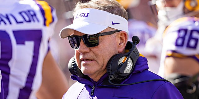 Head Coach Brian Kelly of the LSU Tigers on the sidelines against the Razorbacks on Nov. 12, 2022, in Fayetteville, Arkansas.