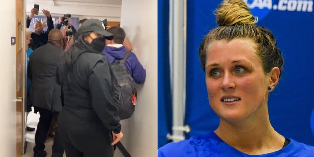 Riley Gaines is barricaded in a room at San Francisco State University after she says she was assaulted while speaking at a college event put on by a conservative organization.