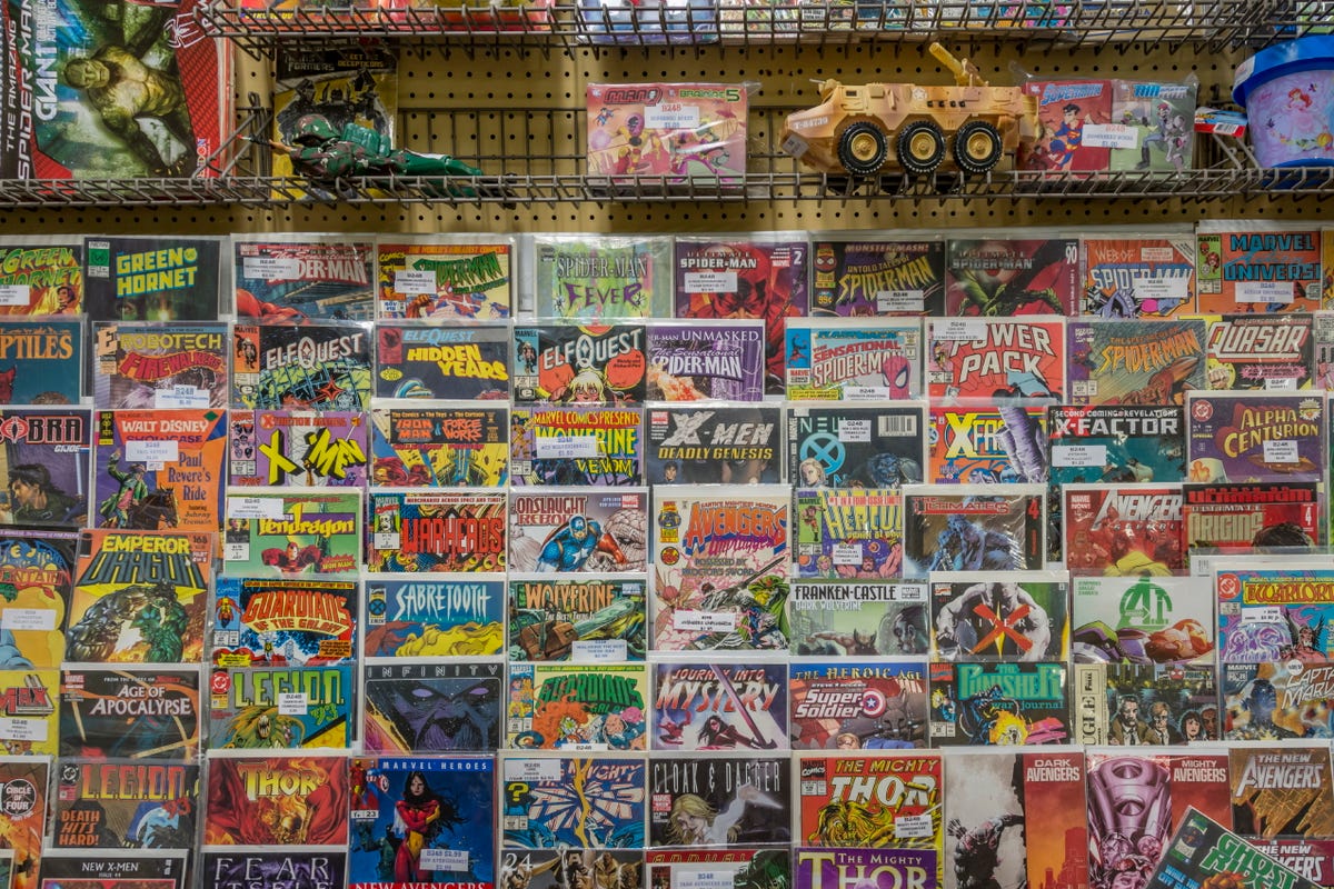 Comic books in a display rack