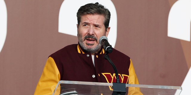 Team co-owner Dan Snyder speaks during the announcement of the name change to the Washington Commanders at FedExField on Feb. 2, 2022, in Landover, Maryland.