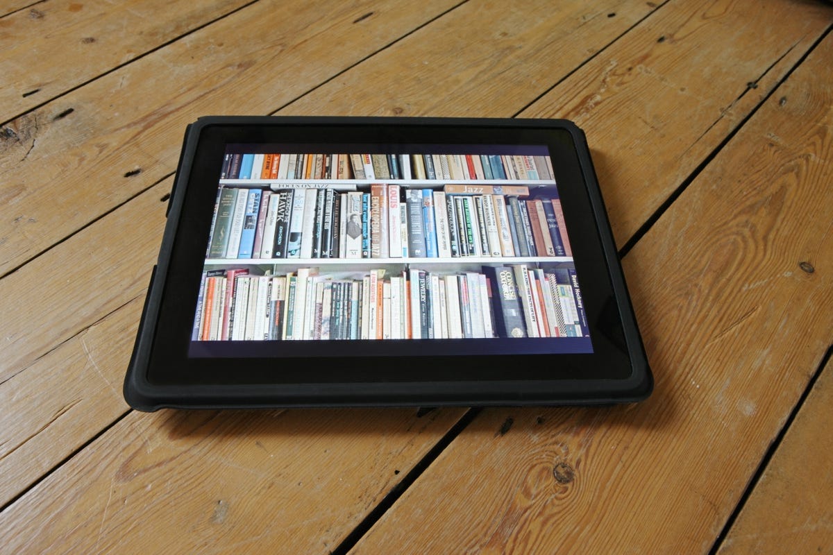 An e-reader displaying a book shelf