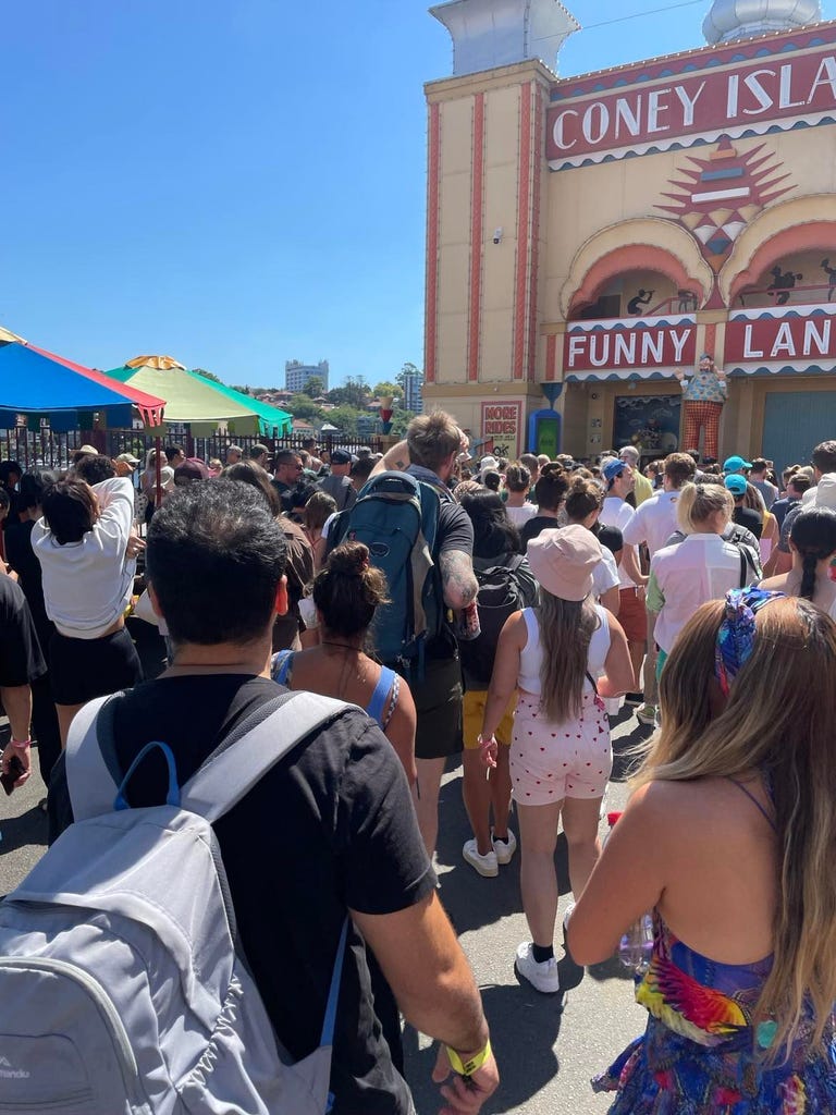 A crowd at an amusement park