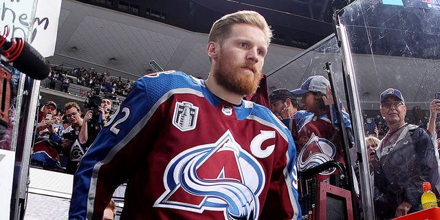 Gabriel Landeskog #92 of the Colorado Avalanche takes to the ice prior to the game against the Tampa Bay Lightning in Game Five of the 2022 Stanley Cup Final at Ball Arena on June 24, 2022 in Denver, Colorado.