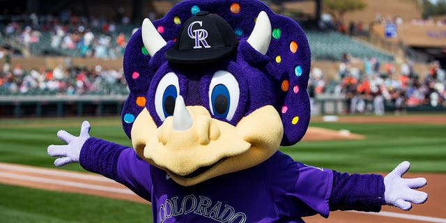 Colorado Rockies mascot Dinger performs before a spring training game against the San Francisco Giants at Salt River Fields at Talking Stick on March 10, 2023, in Scottsdale, Arizona.