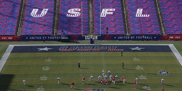 General view of the game action between the New Jersey Generals and New Orleans Breakers in the fourth quarter of the game at Protective Stadium on May 14, 2022 in Birmingham, Alabama.