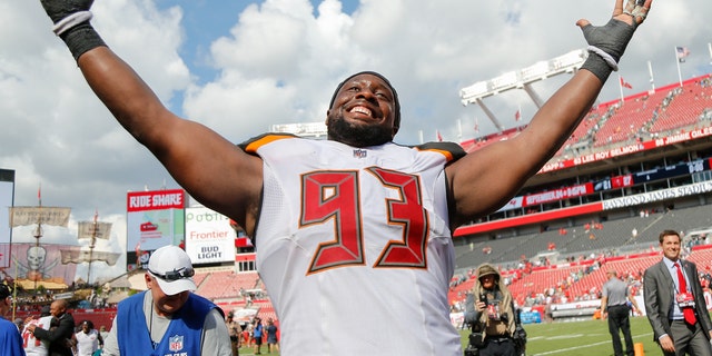 Gerald McCoy of the Buccaneers reacts after defeating the Philadelphia Eagles at Raymond James Stadium on Sept. 16, 2018, in Tampa, Florida.