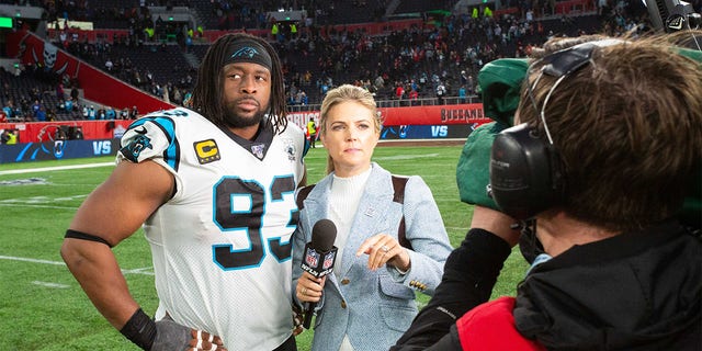 Carolina Panthers defensive end Gerald McCoy chats with NFL Network's Melissa Stark after playing the Tampa Bay Buccaneers on Oct. 13, 2019, at Tottenham Hotspur Stadium in London.