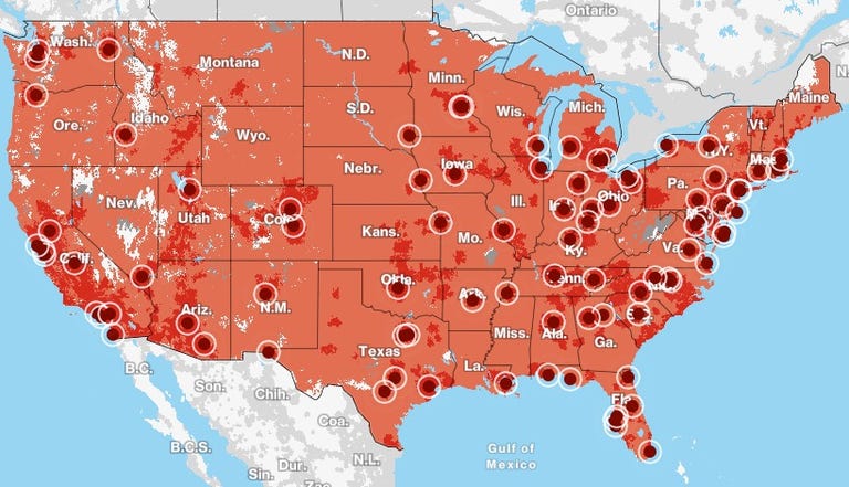 Image of US map with Verizon 5G Home areas indicated