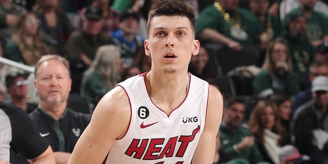 Tyler Herro #14 of the Miami Heat shoots the ball during the game against the Milwaukee Bucks during Round One Game One of the 2023 NBA Playoffs on April 16, 2023 at the Fiserv Forum Center in Milwaukee, Wisconsin.