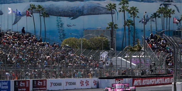 Kyle Kirkwood competes during the IndyCar Grand Prix of Long Beach auto race Sunday, April 16, 2023, in Long Beach, Calif. Kirkwood won the race. 