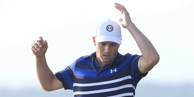 Jordan Spieth of the United States reacts to his missed putt on the first playoff hole during the final round of the RBC Heritage at Harbour Town Golf Links on April 16, 2023 in Hilton Head Island, South Carolina.