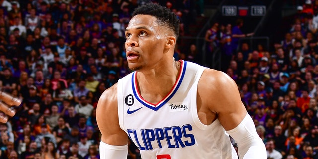 Russell Westbrook, #0 of the LA Clippers, goes to the basket during the game During round one game one of the 2023 NBA Playoffs on April 16, 2023 at Footprint Center in Phoenix.