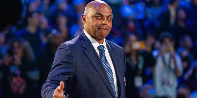 NBA great Charles Barkley is honored for being selected to the NBA 75th Anniversary Team during halftime in the 2022 NBA All-Star Game at Rocket Mortgage FieldHouse in Cleveland Feb. 20, 2022.