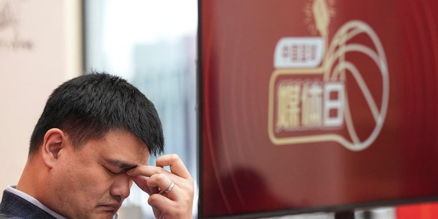 President of the Chinese Basketball Association Yao Ming reacts during media day on April 7, 2023, in Beijing.