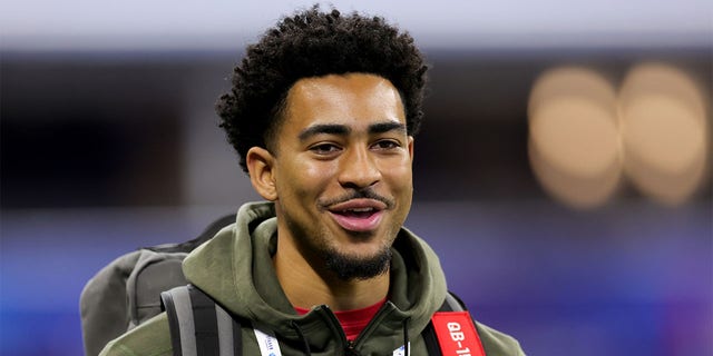 Quarterback Bryce Young of Alabama looks on during the NFL Combine at Lucas Oil Stadium on March 04, 2023 in Indianapolis, Indiana.