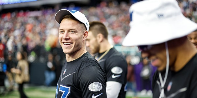 NFC running back Christian McCaffrey #23 of the San Francisco 49ers reacts as he takes the field during an NFL Pro Bowl football game at Allegiant Stadium on February 05, 2023 in Las Vegas, Nevada.