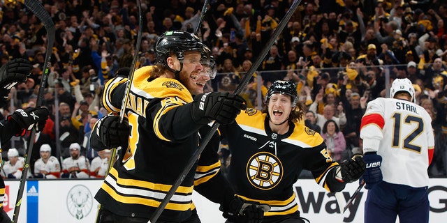 David Pastrnak #88 of the Boston Bruins celebrates after he scored against the Florida Panthers during the first period of Game One of the First Round of the 2023 Stanley Cup Playoffs at the TD Garden on April 17, 2023 in Boston, Massachusetts.