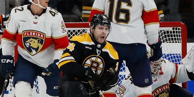 Jake DeBrusk #74 of the Boston Bruins celebrates his goal against Alex Lyon #34 of the Florida Panthers during the second period of Game One of the First Round of the 2023 Stanley Cup Playoffs at the TD Garden on April 17, 2023 in Boston, Massachusetts.