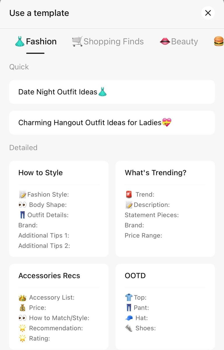 Lemon8's template page with Fashion, Shopping Finds and Beauty across the top of the screen and other headings like Date Night Outfit ideas, Charming Hangout Outfit Ideas for Ladies and How to Style below