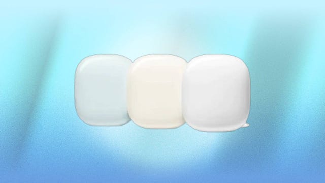 The multicolor Google WiFi Pro (3-pack) is displayed against a blue background.