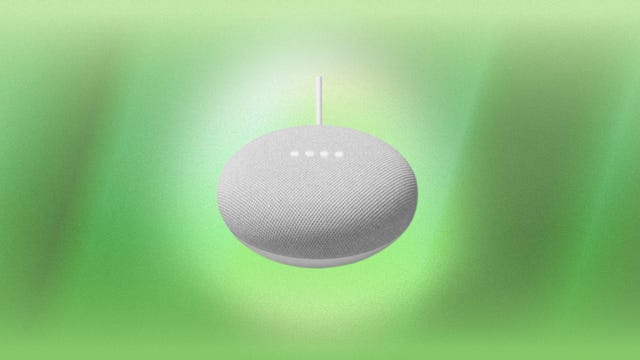 The Google Nest Mini (Gen 2) is displayed against a green background.