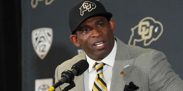 Colorado Buffaloes head coach Deion Sanders speaks during a press conference at the Arrow Touchdown Club.