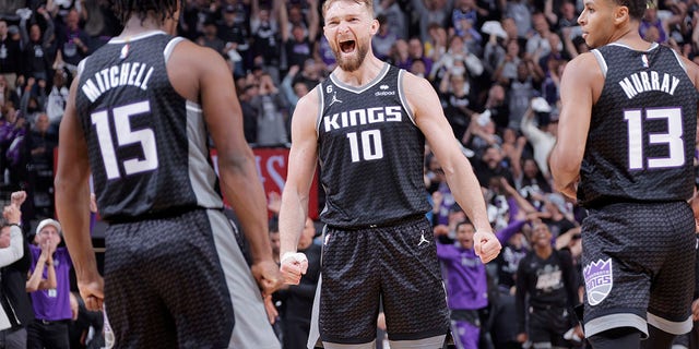 Domantas Sabonis #10 of the Sacramento Kings reacts during the game against the Golden State Warriors during Round 1 Game 2 of the 2023 NBA Playoffs on April 17, 2023 at Golden 1 Center in Sacramento, California.