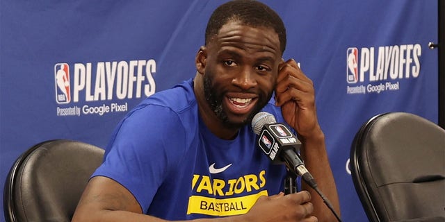 Draymond Green #23 of the Golden State Warriors talks to the media after the game against the Sacramento Kings during Round One Game One of the 2023 NBA Playoffs on April 15, 2023 at Golden 1 Center in Sacramento, California.