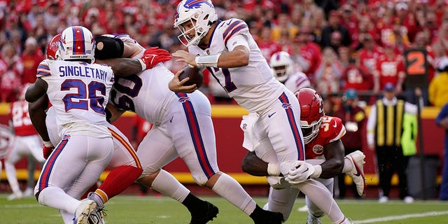 Buffalo Bills quarterback Josh Allen (17) is sacked by Kansas City Chiefs linebacker Nick Bolton (32) during the first half of a game Oct. 16, 2022, in Kansas City, Mo.
