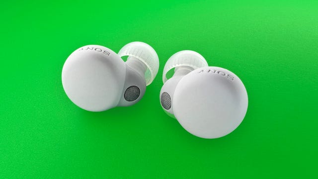 Sony LinkBuds on a green background