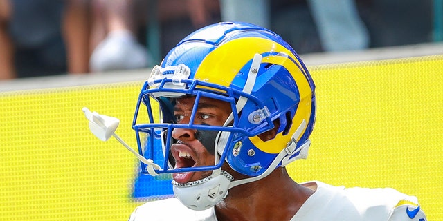 Rams wide receiver Allen Robinson II celebrates a touchdown in the first half at SoFi Stadium in Los Angeles Sept. 18, 2022.