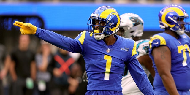 Allen Robinson II of the Los Angeles Rams celebrates a catch for a first down during a 24-10 win over the Carolina Panthers at SoFi Stadium Oct. 16, 2022, in Inglewood, Calif.