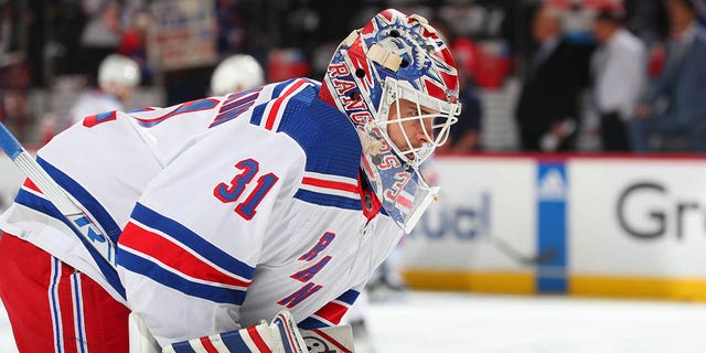 Igor Shesterkin #31 of the New York Rangers warms up prior to Game One of the First Round of the 2023 Stanley Cup Playoffs at the Prudential Center on April 18, 2023 in Newark, New Jersey.  