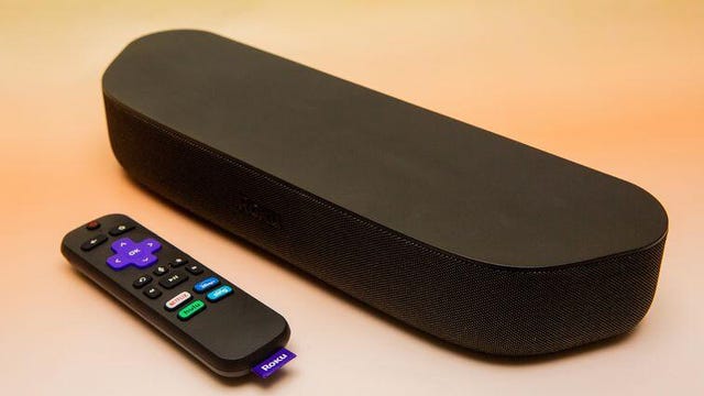 A black Roku Streambar and remote.