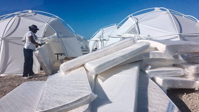 Sample mattresses and tents set up for attendees of the Fyre Festival in the Exuma islands, Bahamas.