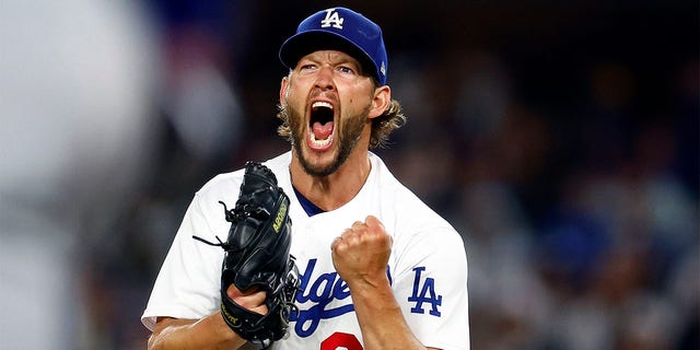 Clayton Kershaw, #22 of the Los Angeles Dodgers, reacts after making the third out against the New York Mets in the seventh inning at Dodger Stadium on April 18, 2023 in Los Angeles.