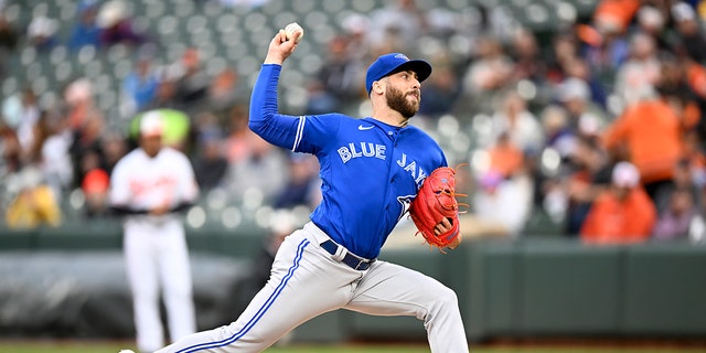 Anthony Bass, #52 of the Toronto Blue Jays, pitches against the Baltimore Orioles during game two of a doubleheader at Oriole Park at Camden Yards on Oct. 5, 2022 in Baltimore.