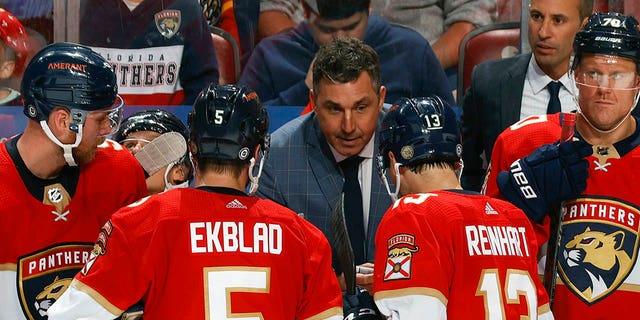 Andrew Brunette speaks to players on the bench during a Panthers game