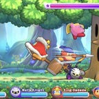 Four players battling a tree in the video game Kirby Return to Dreamland Deluxe