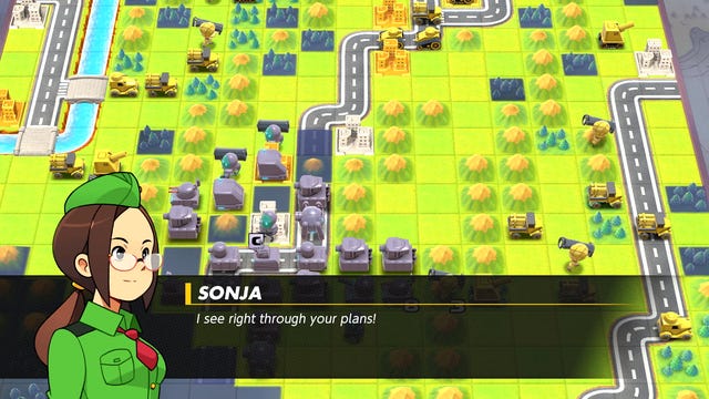 A map of a battleground in a strategy video game, and a person with a green uniform talking