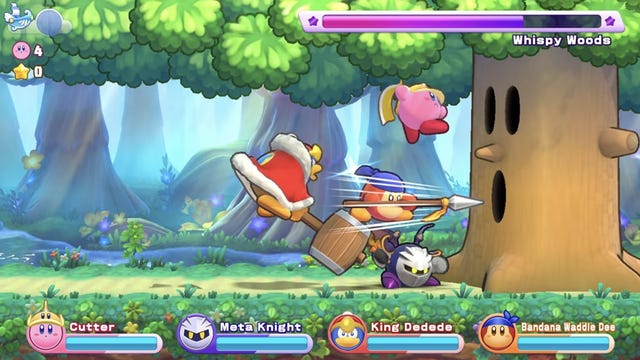 Four players battling a tree in the video game Kirby Return to Dreamland Deluxe