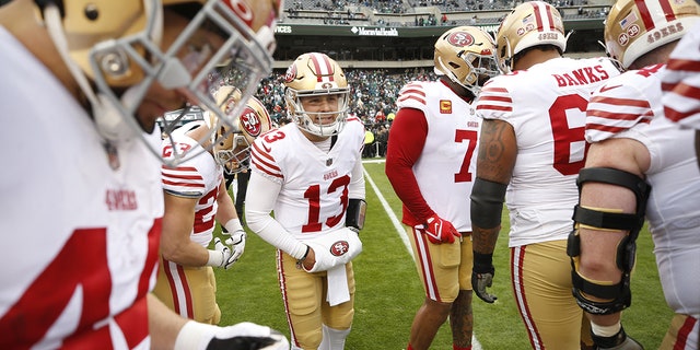 Brock Purdy of the San Francisco 49ers on the field before the NFC Championship game against the Eagles at Lincoln Financial Field on Jan. 29, 2023, in Philadelphia.