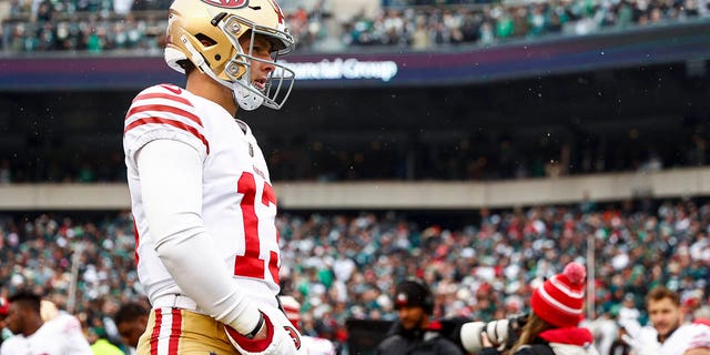 Brock Purdy of the San Francisco 49ers warms up prior to the NFC Championship game against the Eagles at Lincoln Financial Field on Jan. 29, 2023, in Philadelphia.