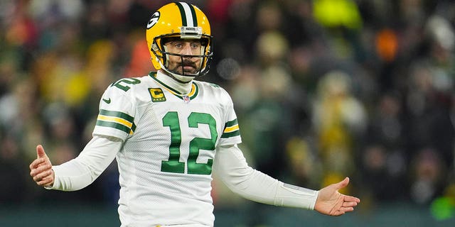 Aaron Rodgers, #12 of the Green Bay Packers, reacts against the Tennessee Titans at Lambeau on Nov. 17, 2022 in Green Bay, Wisconsin.